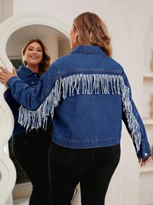 SHEIN LUNE Plus Fringe Trim Button Front Denim Jacket - Dark Wash - View 1