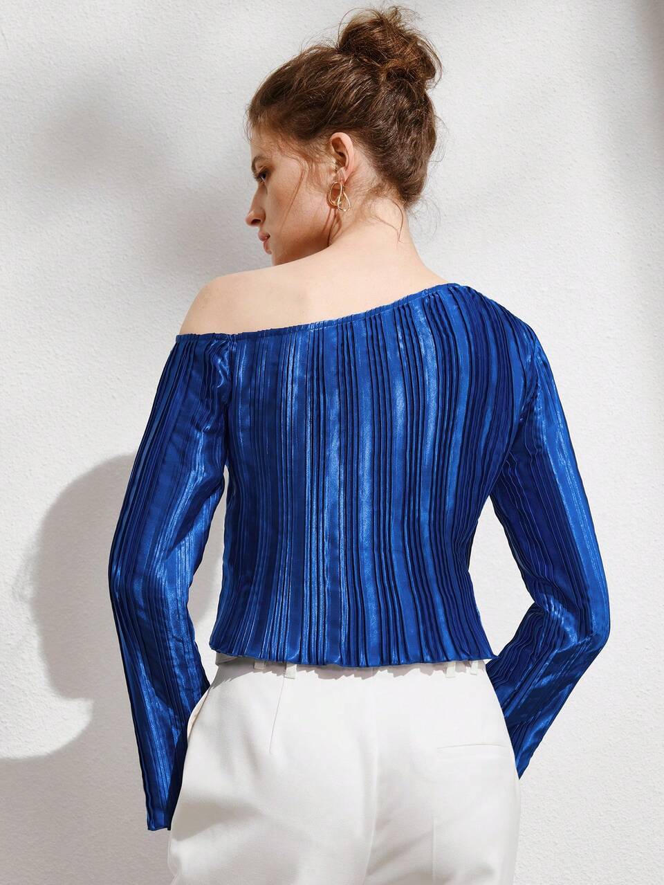 Asymmetrical Neck Split Sleeve Lettuce Trim Top Fall Cloth For Women