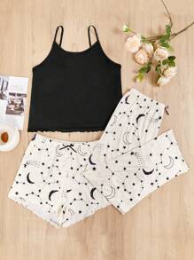 大碼星空圖案吊帶背心和短褲和褲子睡衣套裝 - 彩色 - 查看 1