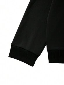 Men Plus Slogan & Cartoon Graphic Kangaroo Pocket Drawstring Thermal Hoodie - Black - View 4