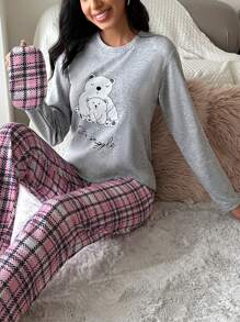 RueChic Cartoon & Slogan Graphic Tee & Plaid Pants PJ Set - Grey - View 1