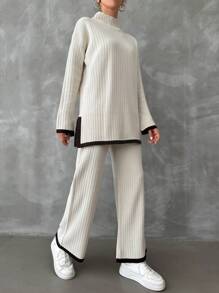 EURMUSE Contrast Trim Mock Neck Drop Shoulder Split Hem Sweater & Knit Pants - Beige - View 3