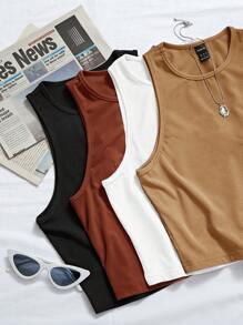 Chiquease 4入組螺紋針織素色背心上衣 - 彩色 - 查看 4