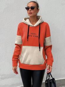 EURMUSE Letter Graphic Colorblock Kangaroo Pocket Drop Shoulder Drawstring Hoodie - Orange - View 5