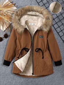 SHEIN 男小童毛茸邊連帽加絨內裏外套 - 棕色 - 查看 1