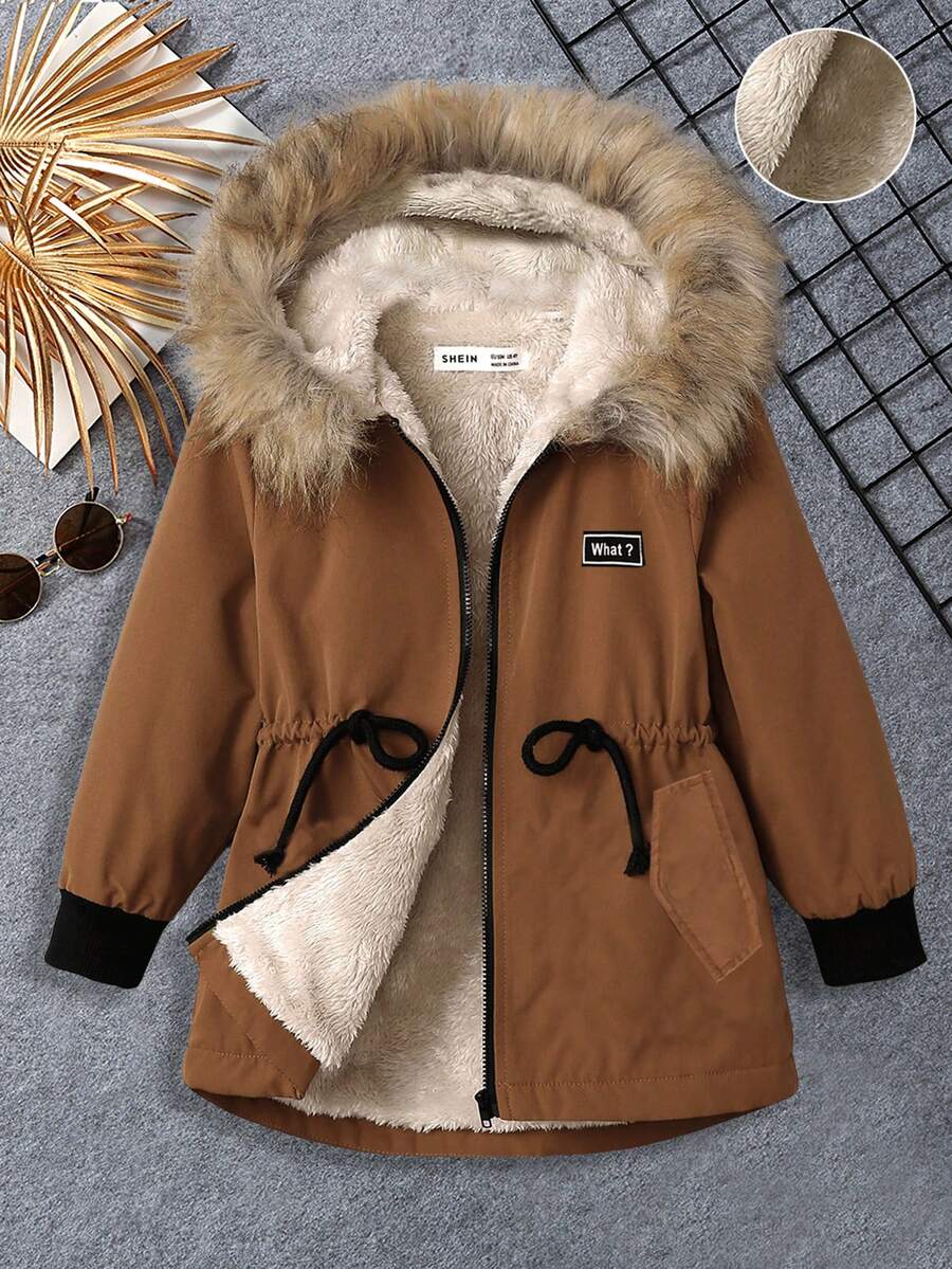 SHEIN 男小童毛茸邊連帽加絨內裏外套 - 棕色 - 查看 1