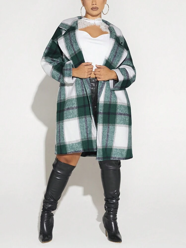 Plus Plaid Print Drop Shoulder Overcoat