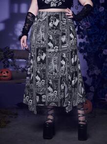 Corpse Bride | ROMWE Plus Skull Print Asymmetrical Hem Skirt - Black and White - View 1