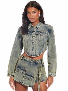 SHEIN BAE Flap Pocket Curved Hem Crop Denim Jacket - Blue - View 5