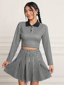 SHEIN MOD 千鳥格紋 Polo 領短版 T 恤和百褶裙 - 黑與白 - 查看 5