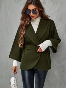 SHEIN LUNE Shawl Collar Belted Overcoat - Army Green - View 3