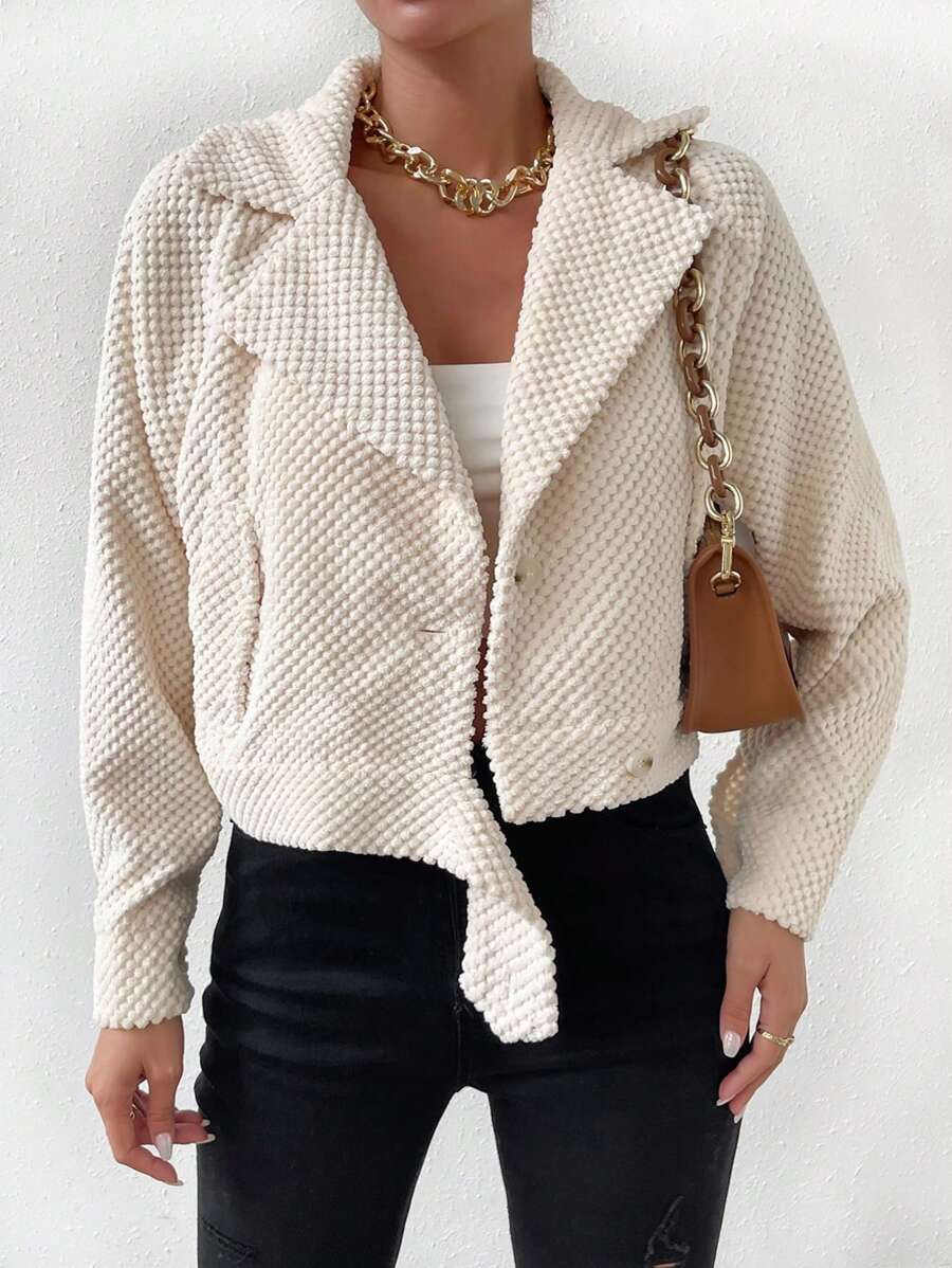 SHEIN Essnce Lapel Neck Raglan Sleeve Slant Pockets Jacket - Beige - View 1