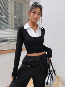 SHEIN Unity 2 trong1 Áo phông Crop - màu đen - Xem 5