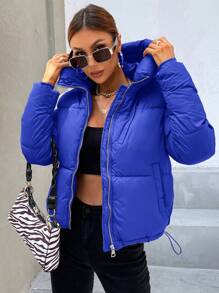 SHEIN Essnce Women's Plain Color Zip Collar Hooded Padded Casual Jacket, Winter - Royal Blue - View 6