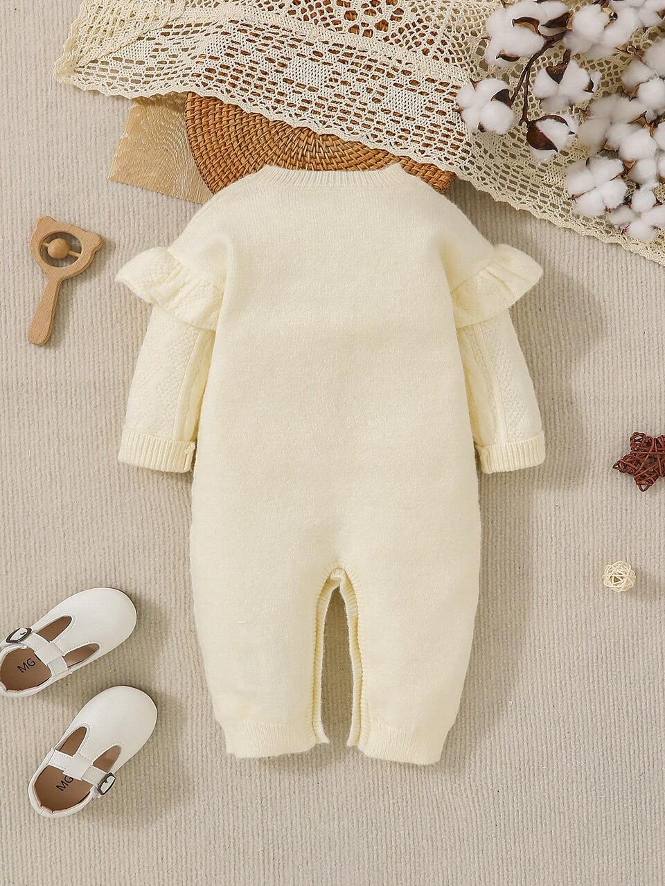 Baby Girl Ruffle Trim Cable Knit Jumpsuit