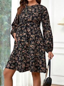 SHEIN 孕婦 小碎花印花燈籠袖束腰帶洋裝 - 彩色 - 查看 1