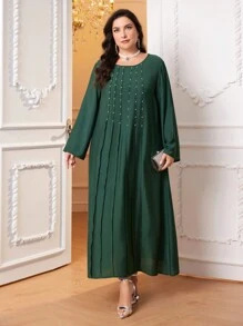 Al Najma Plus Pearls Beaded Sequin Detail Tunic Dress - Dark Green - View 4