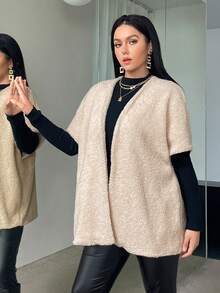 SHEIN Essnce Plus Batwing Sleeve Open Front Teddy Coat Without Knit Top - Apricot - View 4