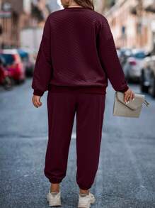 SHEIN LUNE Plus Drop Shoulder Sweatshirt & Sweatpants - Burgundy - View 2