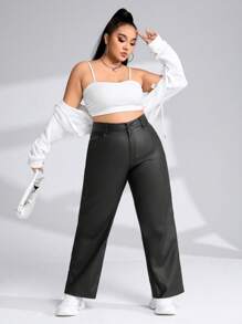 Flirla Pantalones rectos de talle alto para tallas grandes - Negro - Ver 3