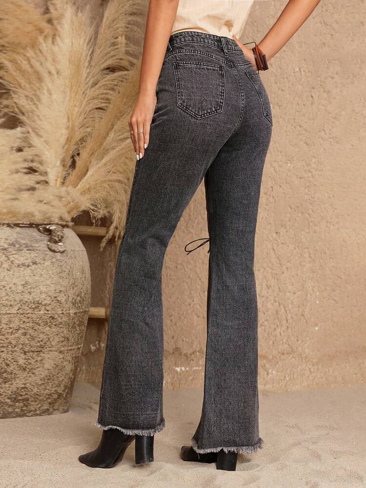 Lace Up Detail Raw Edge Flare Leg Jeans