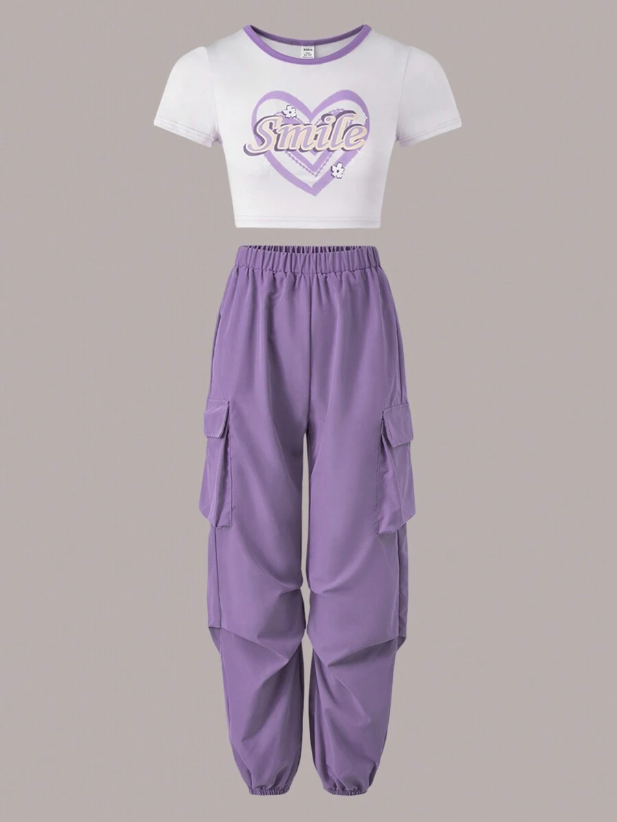 SHEIN Teen Girls Heart & Letter Graphic Tee & Flap Pocket Cargo Pants - Purple - View 1