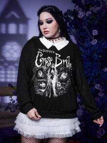 Corpse Bride | ROMWE Talla grande Sudadera con estampado de letra y figura de cuello en contraste de hombros caídos - Negro - Ver 1