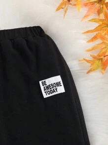 SHEIN 女大童字母貼布加絨內裏衛褲 - 黑色 - 查看 3