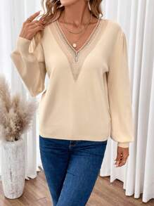 SHEIN Frenchy Bảng điều khiển ren Guipure Tay áo lồng đèn Áo len - Màu be - Xem 5