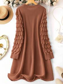 Calvaya Plus Solid Round Neck Sweater Dress - Coffee Brown - View 2