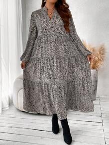 SHEIN Clasi Plus Leopard Print Lantern Sleeve Ruffle Hem Smock Dress Maxi Women Outfit Fall Cloth For Women - Black - View 5