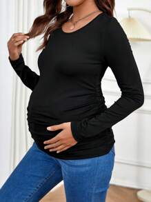 SHEIN Maternity Solid Color Round Neck Long Sleeve Casual T-Shirt - Black - View 4