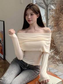 DAZY 纯色露肩修身T恤，秋季服装长袖女式上衣 - 米色 - 查看 6