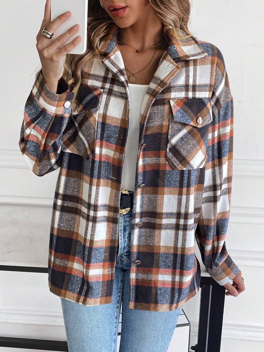 SHEIN Unity Áo khoác có túi trễ vai in họa tiết kẻ sọc - Nhiều màu - Xem 1