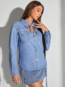 SHEIN BAE Tie Neck Flap Pocket Belted Denim Jacket - Blue - View 4