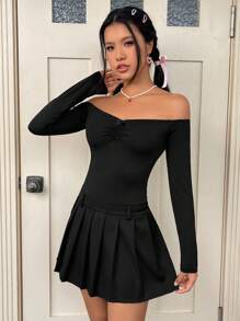 SHEIN MOD 露肩褶皺前褶裙擺洋裝 - 黑色 - 查看 4