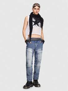 ROMWE MEN Grunge Punk Guys Flap Pocket Side Cargo Jeans - Blue and White - View 7