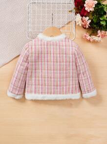 SHEIN Baby Girl Plaid Pattern Contrast Fuzzy Trim Tweed Overcoat - Pink - View 2