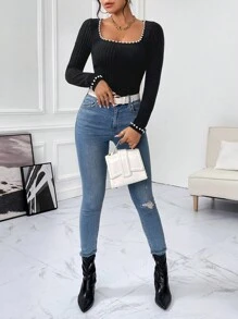 SHEIN Privé Pearls Beaded Scoop Neck Black Tee - Black - View 3