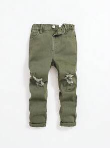 SHEIN Young Boy Ripped Frayed Jeans - Army Green - View 1