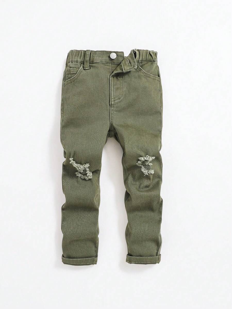 SHEIN Young Boy Ripped Frayed Jeans - Army Green - View 1