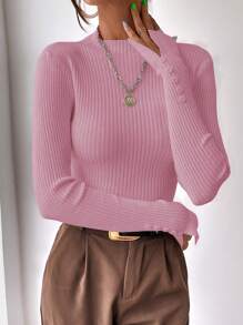 BizChic Mock Neck Split Cuff Ribbed Knit Sweater - Pink - View 1