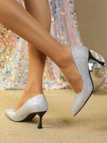Elegantes zapatos plateados de tacón alto para mujer, adecuados para fiestas. - Plateado - Ver 4