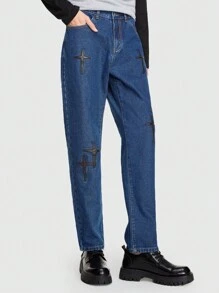 ROMWE MEN Street Life 男士十字紋直筒牛仔褲 - 深色水洗藍 - 查看 5