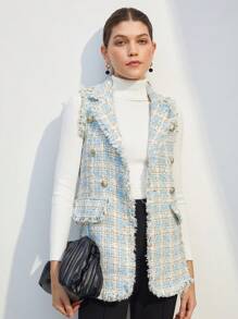 BizChic Khía Vòng cổ Frayed Cạnh Tweed Áo khoác Vest Trang phục làm việc - Xanh và trắng - Xem 6