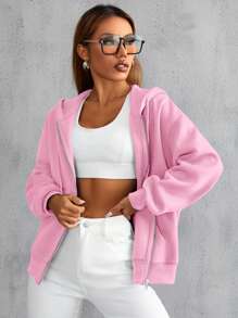 SHEIN Unity Dây kéo Thả vai Dây rút Lót nhiệt Hoodie - Hồng - Xem 4