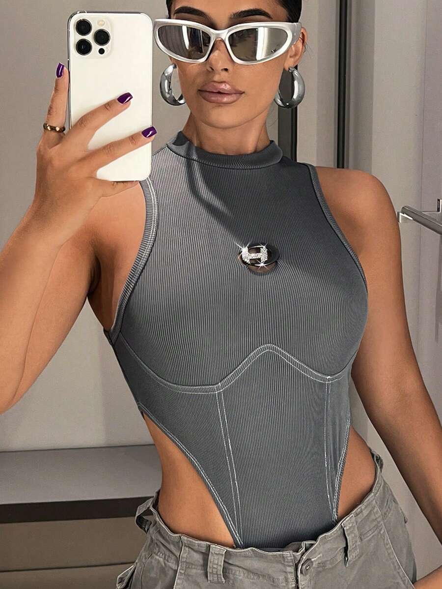 SHEIN ICON Letter Patched Detail Mock Neck High Cut Tank Summer Bodysuit - Grey - View 1