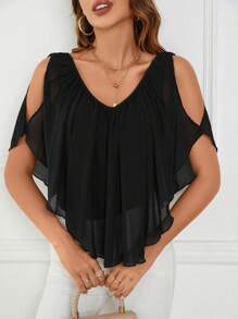SHEIN Clasi Cold Shoulder Batwing Sleeve Tee - Black - View 6