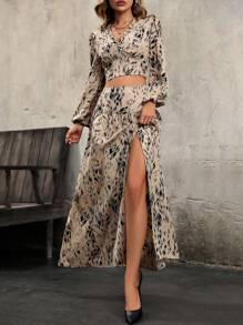 SHEIN Frenchy 通體印花燈籠袖短款上衣和開衩大腿裙 - 杏色 - 查看 1