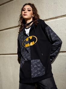 Batman X ROMWE 卡通圖案拉鏈開襟抽繩連帽衫 - 黑色 - 查看 1